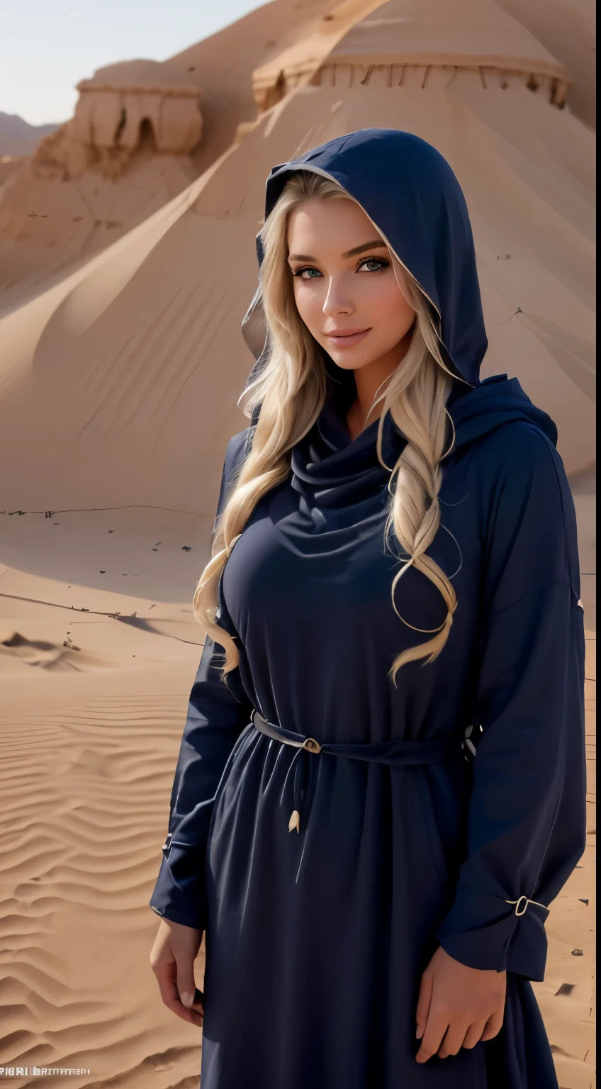 Foto hiperrealista en primer plano de Emily Sears, Create dystopian masterpieces. in a full cover bedouin bedouin costume (navy long tunic with hood) on the desert, beautiful woman, skinny, large breasts, straight blond hair, detailed face, smile, photo taken from a distance