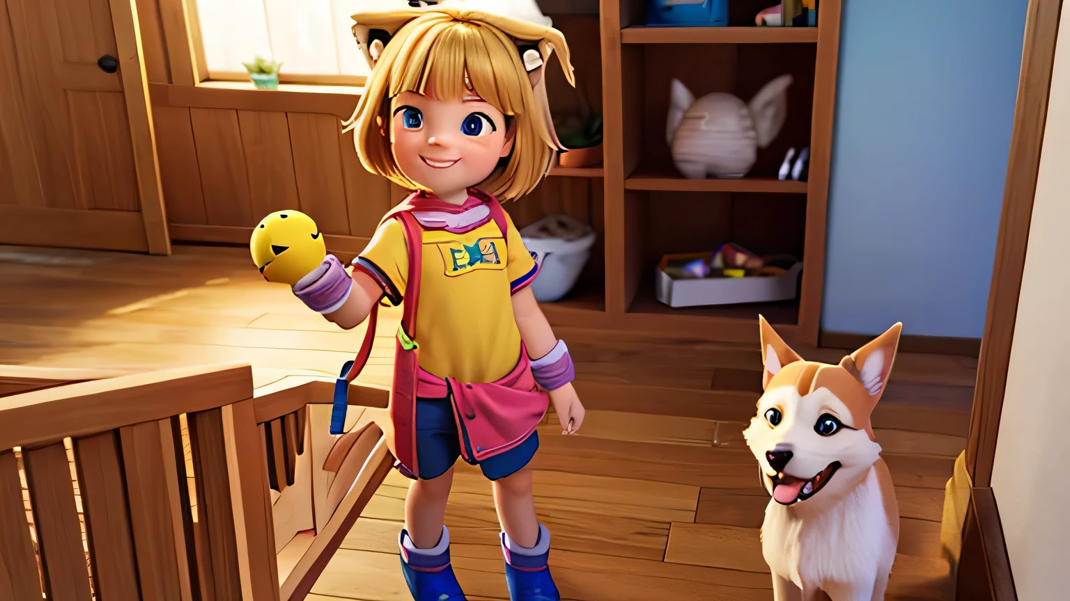 Envision a young girl named Emma with a bright smile, standing next to her playful dog, Sparky