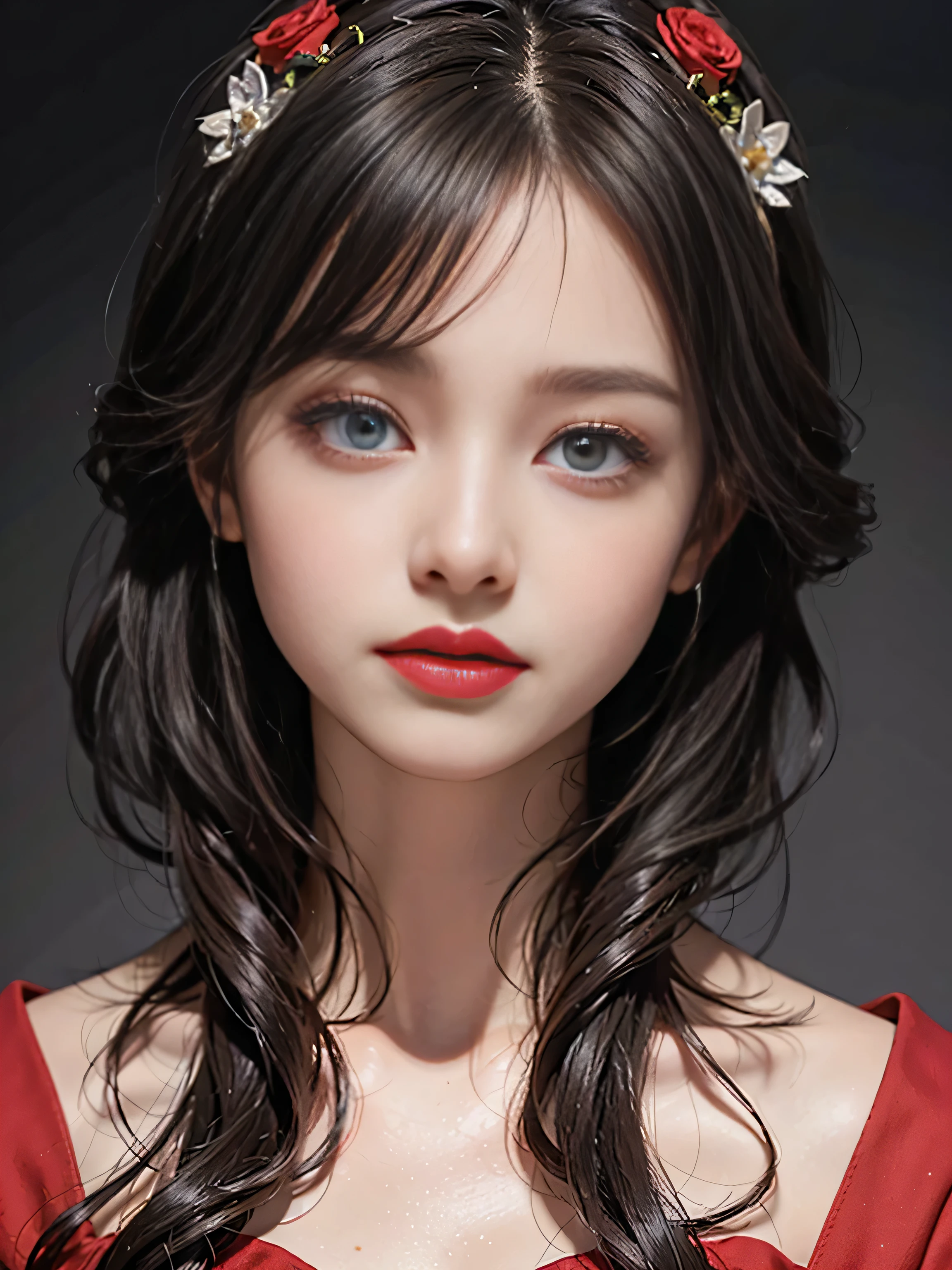 (masterpiece),(best quality:1.0), (ultra highres:1.0), detailed illustration, 8k, anime, 1girl, beautiful anime girl, wearing a red dress, flower crown, pretty face, detailed face, beautiful eyes, detailed eyes, dark red eyes, bright red lips, red lipstick, beautiful stylish hair, highlights in hair, bangs anime style, best quality, vibrant