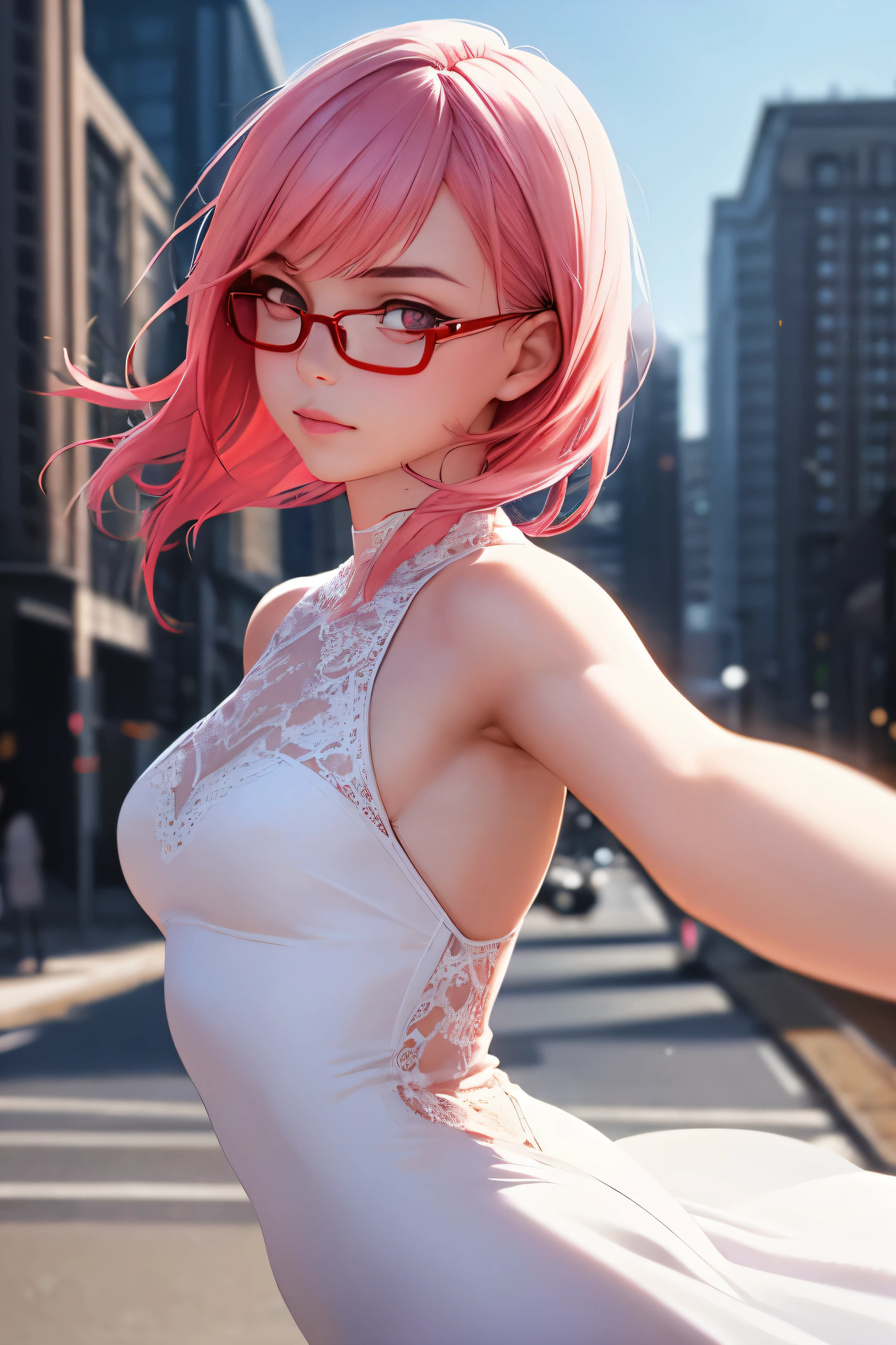 1girl, ((best quality)), ((masterpiece)), ((realistic)), (detailed), (perfect face), pink hair, shoulder length hair, bangs pointing to left side, red glasses, beautiful face, pink eyes, white long dress, elegant poses, dynamic angle, building background, portrait