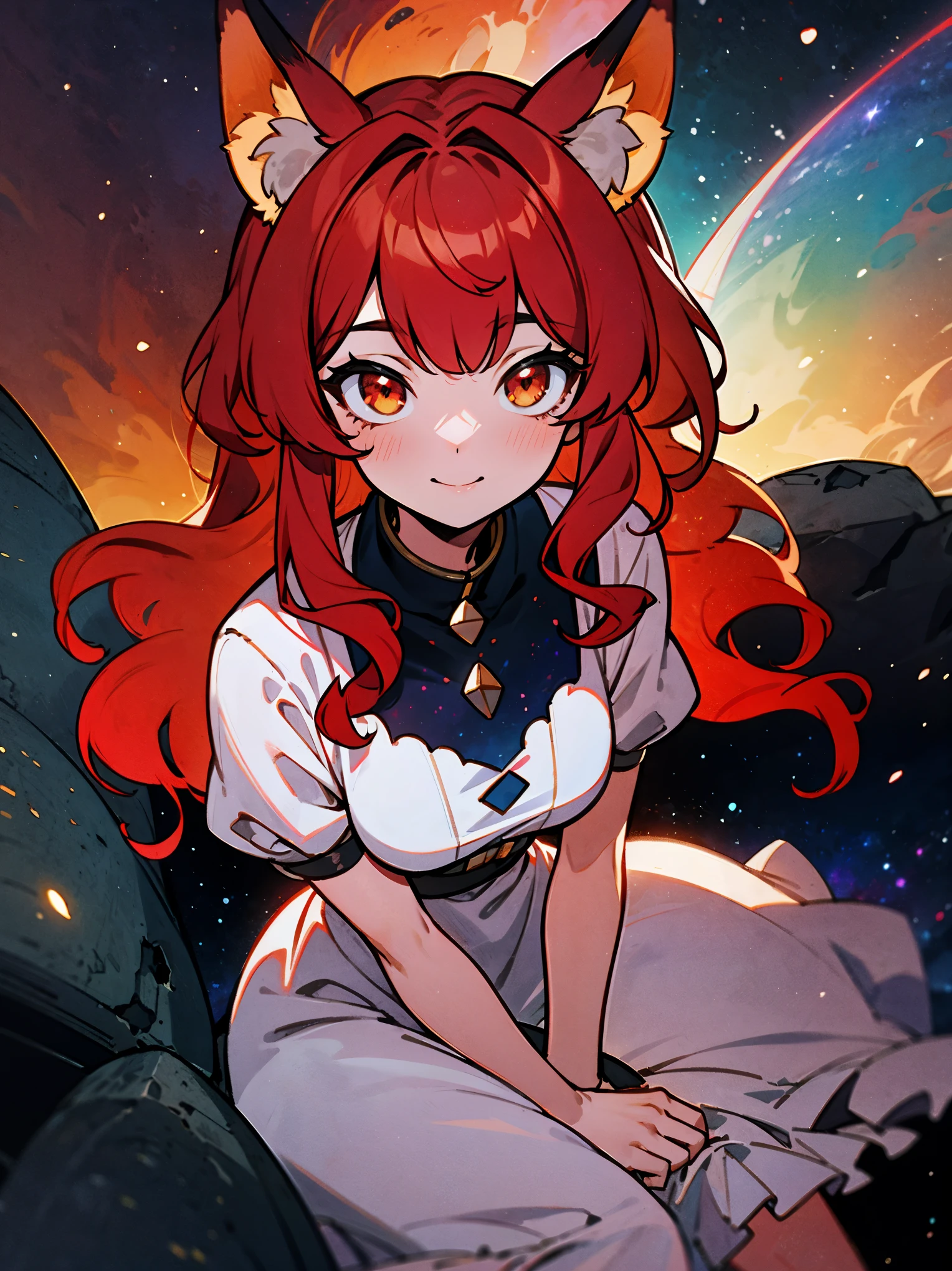 (Gradient pastel color palette), (matte art style), (masterpiece), best quality, expressive eyes, perfect face, 1woman, (animal ears), (fox ears), (hidden ears), (red hair:1.2), {hair bangs}, {wavy hair}, crimson eyes, (wearing a sundress), frills, gentle smile, galaxy background, (nebula background), in space, pastel tones filter, angle view, looking at the viewer, rim lighting, sitting on an asteroid