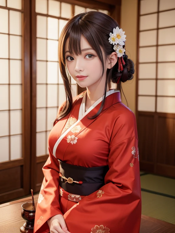 ８K、highest quality、woman、length、Red kimono、pattern、traditional japanese room、Gorgeous、not too large breasts、Gorgeous patterned fusuma、Large vase and flowers、Kana Hashimoto