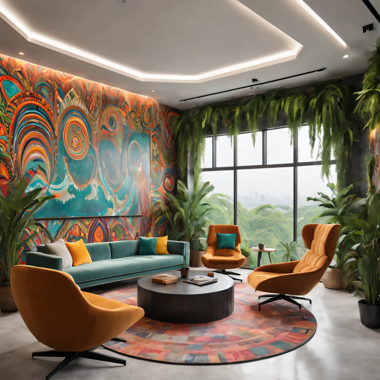 tribal style,Utopian,Ahfu future,Postmodern,Lounge style office photos,In the room,comfortable environment,Modern furniture,Stylish design,extremely complex,natural lighting,bright colors,tribal pattern,Abstract artwork,Floor-to-ceiling windows,panoramic,Ergonomic chair,clean lines,Comfortable seating,Plants and greenery,textured walls、polished concrete floor、contemporary art installation、tribal sculpture、organic shapes、creative atmosphere、State-of-the-art technology、relaxing atmosphere、Inspirational quotes on the wall、A space full of art,peaceful atmosphere。(best quality,4K,8k,high resolution,masterpiece:1.2),Super detailed,(actual,realistically,realistically:1.37)。