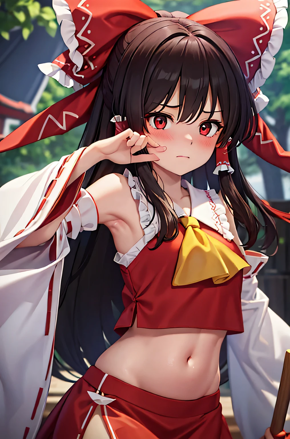 super fine illustration,vibrant colors, masterpiece, sharp focus, best quality, depth of field, cinematic lighting, ultra detailed, blush, navel, tummy, midriff, belly button, shrine maiden, hakurei reimu, 1girl, hair bow, ascot, hair tubes, miko, detached sleeves, looking down, red shirt, red long skirt, long hair, dark brown hair, embarrassed, low waist, hands on own face, afraid, lying, floor