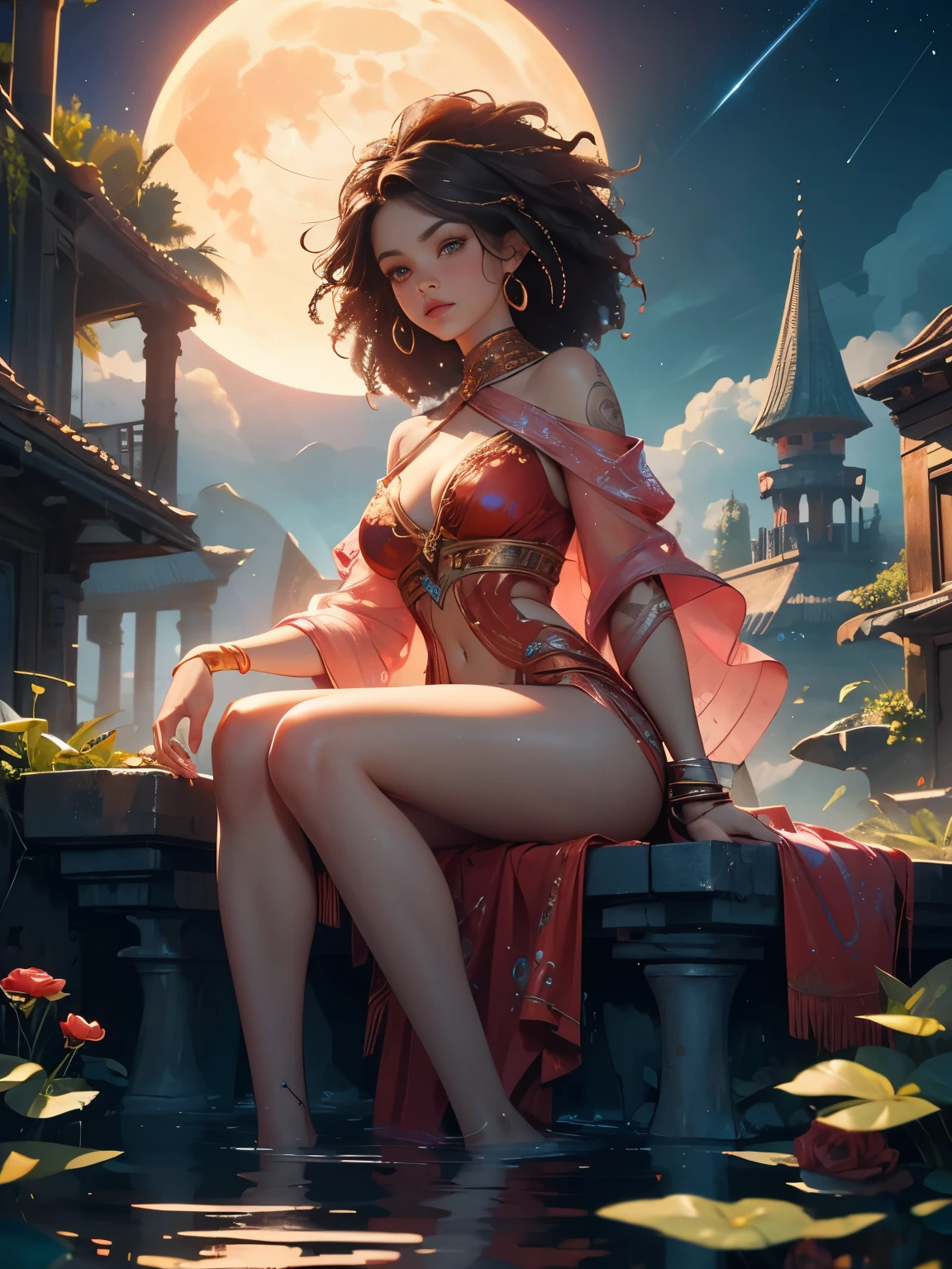 8K. . Beautiful teenage faced princess in a fantasy setting with a brown hair. Wearing a sexy red silky dress. Small cleavage. No pants. Red Ruby stone necklace. Crown. Bracelet. She is rather slim. Very small breasts. Small hips and long thin legs. White skin. A narrow soft face. Soft round chin. A very long and big nose. Cute curved lips. Big upturned eyes. Very bright and barley visible eyebrows. Very very thin eyebrows. Long neck. Courageous and Adventurous personality. backgrounds: castle. Red sword. Fighting scene. dynamic pose