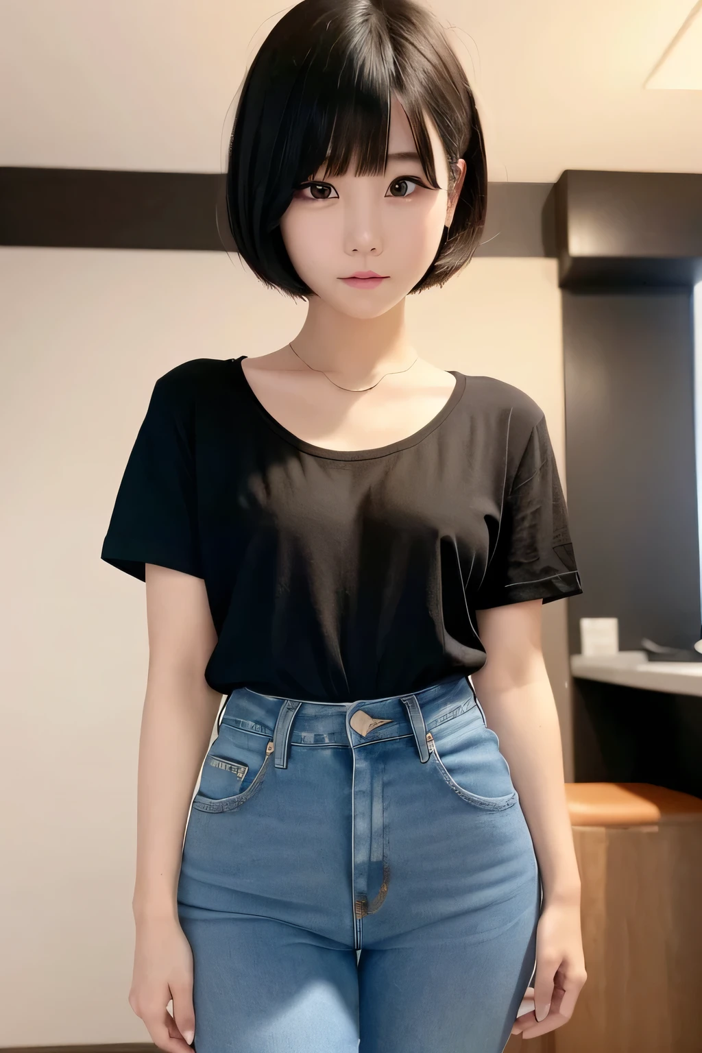  with short hair, realistic, princess cutの髪型, princess cut, (narrow eyes:1.3), (black eye), (japanese woman), 1 girl, (small eyes:1.3),  girl, beautiful breasts:1.5,short hair, (highly detailed eyes:1.2), (beautiful breasts:1.1), bangs, (thick legs, huge hips, thick thighs), perfect skin, Fair skin, tight waist, looking at the viewer, big breasts, (White Round Neck T-Shirt, blue jeans:1.2)