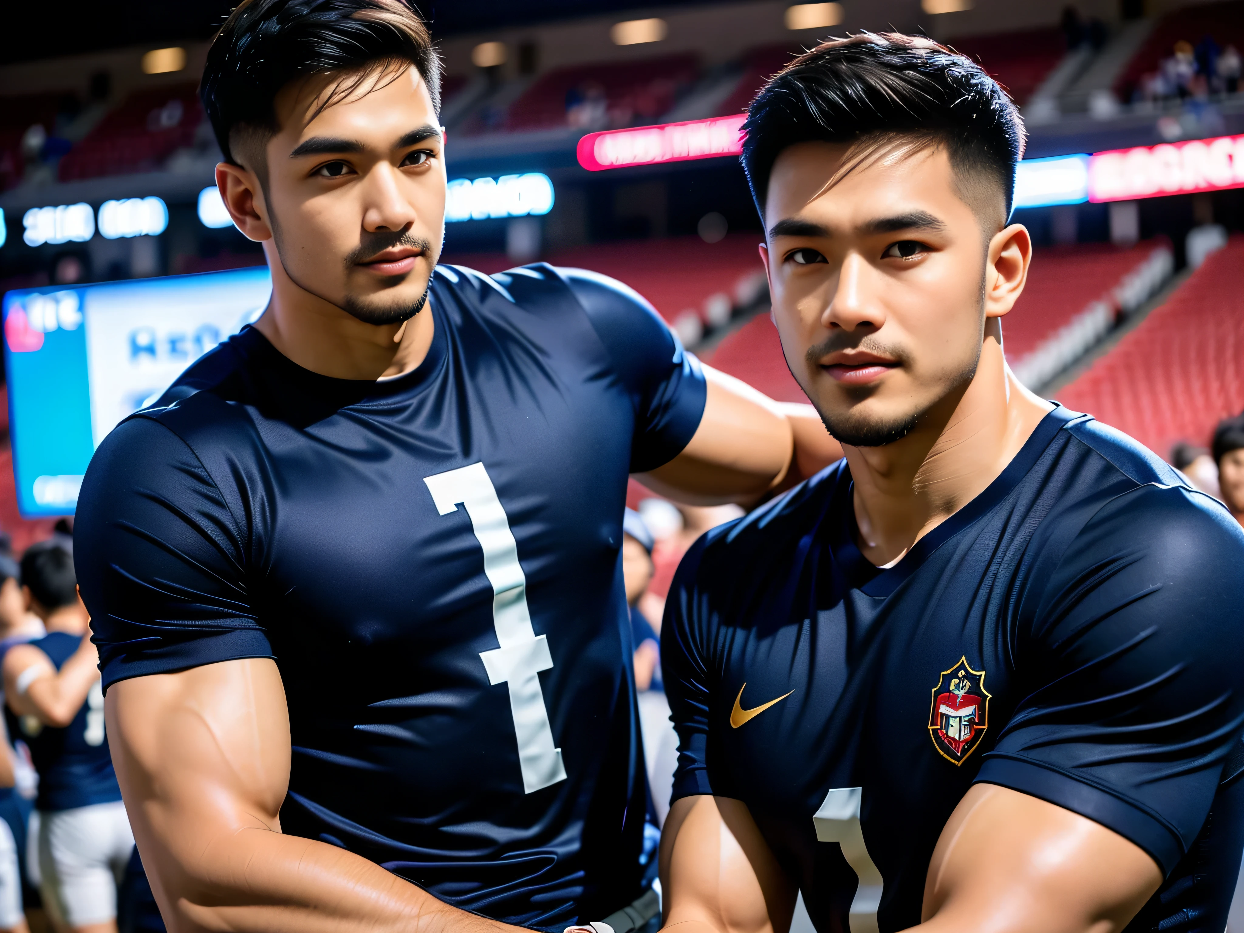 (Create a masterpiece: 1.2), (CGI art:1.3), (realistic:1.5), (After processing:1.3), (Sharp focus:1.3), 1 man, smile, (Wear a navy short-sleeved T-shirt..), short hair, Korea, facial hair, Indonesian, (high glossy details),Pectoral muscles, Big arm muscles, blood vessel, big muscles, Broad shoulders, Sit on the football field..