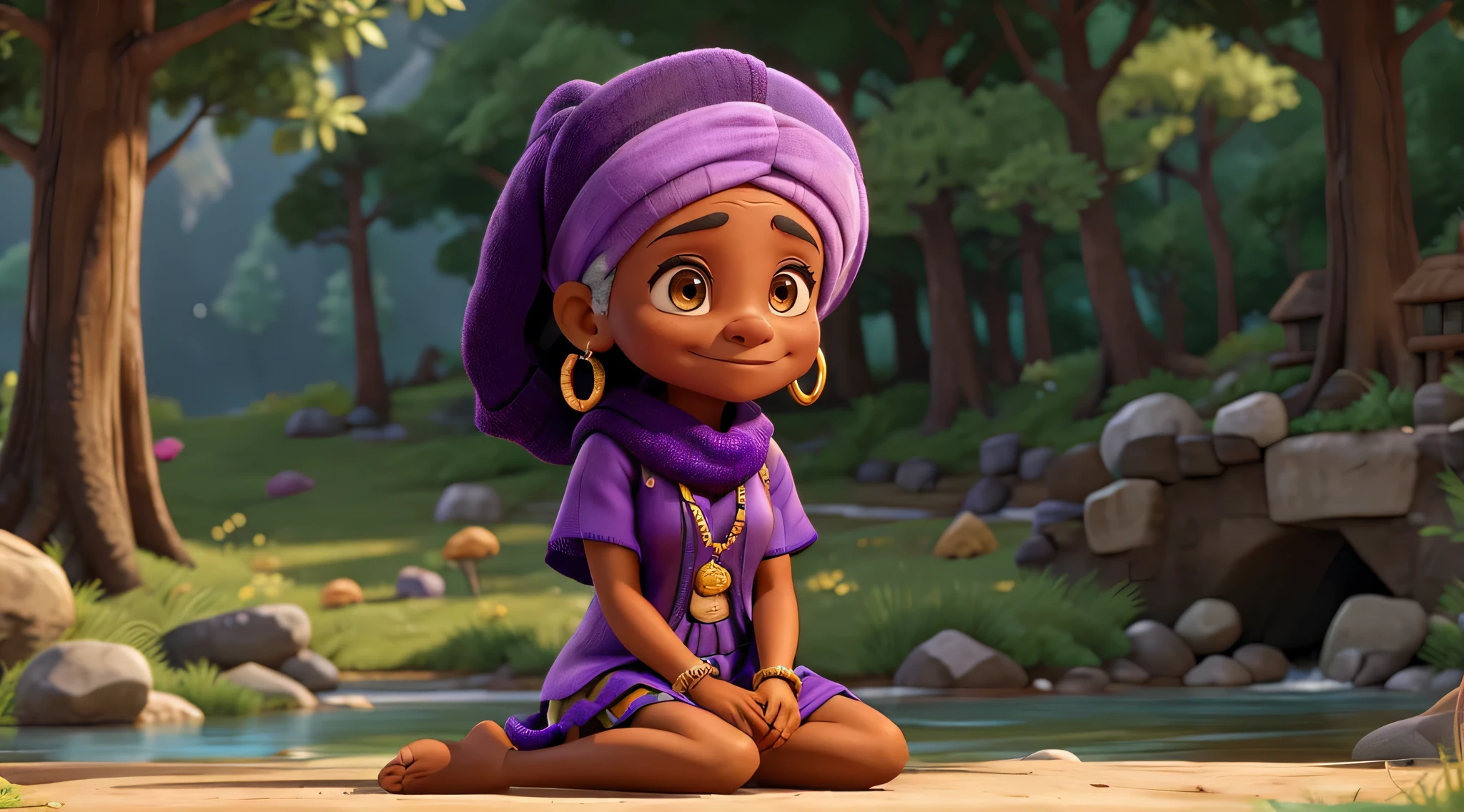 A black woman, approximately 70 years old, dressed in purple, including a purple turban, cape and scarf, is sitting on the floor with her legs crossed. She is adorned with several layered golden necklaces of varying lengths, bracelets on both wrists, and large earrings, barefoot. The woman has a calm and serious expression. In front of a small river in the middle of the forest