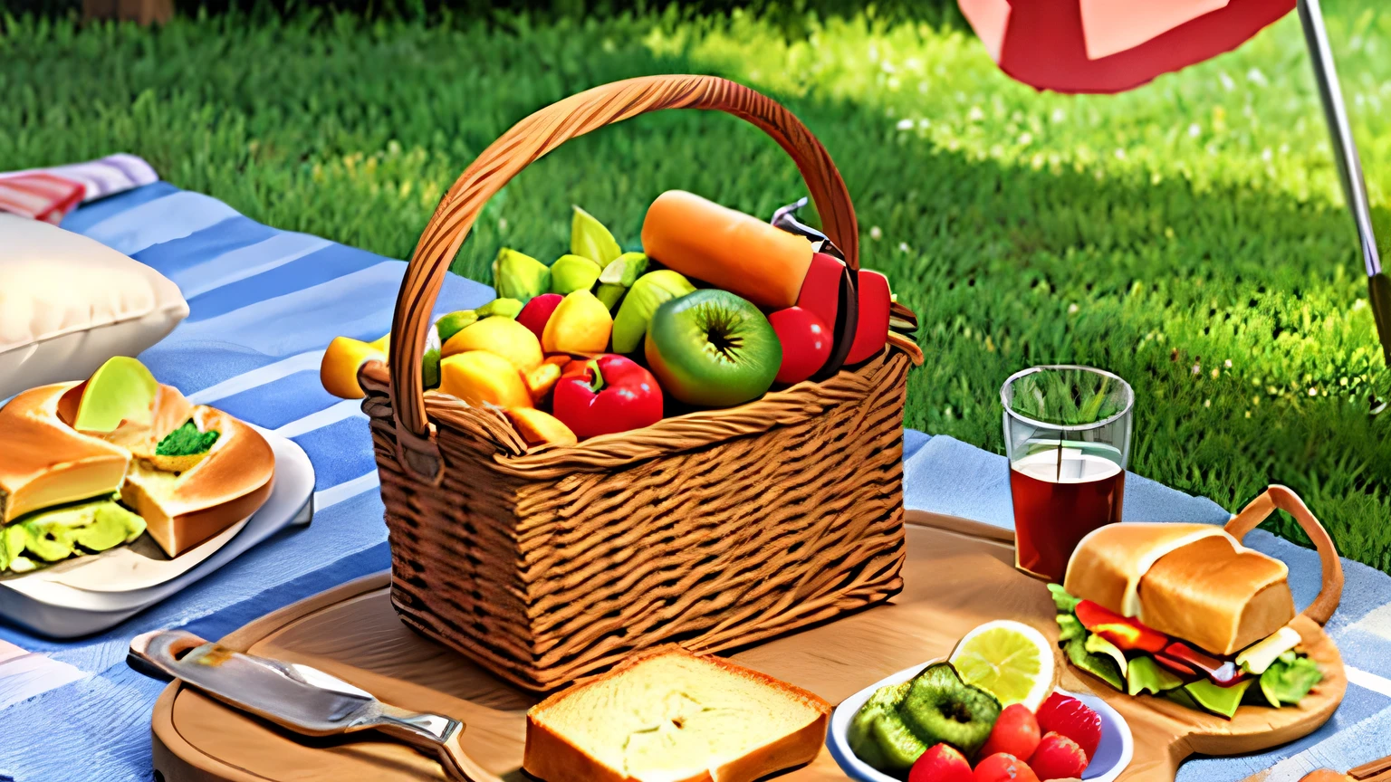 Picture a sunny backyard scene, complete with a checkered picnic blanket and a basket filled with delicious sandwiches and fruits.