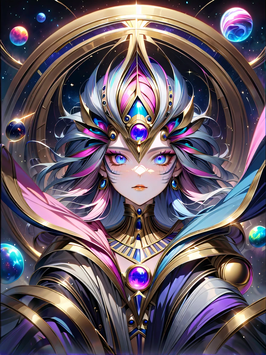 Art deco, space, vastness, ultra detailed, ultra real-istic, hyper realistic details, black, pink, yellow, matte gold and silver, neon indigo, deep blue, drapery, velvet, high polish, sinister, silver and chrome details, stripes, black background, Egyptian, bronze, 8k,