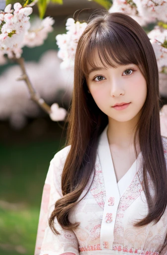highest quality, soft light, ultra high resolution, (realistic:1.4), RAW photo, 1 japanese girl, alone, cute, (pupil, light in the eyes), detailed beautiful face, (small box),(High resolution details of human skin texture), (long hair), outdoor, Damask Shirt Dress, (portrait),cherry blossoms