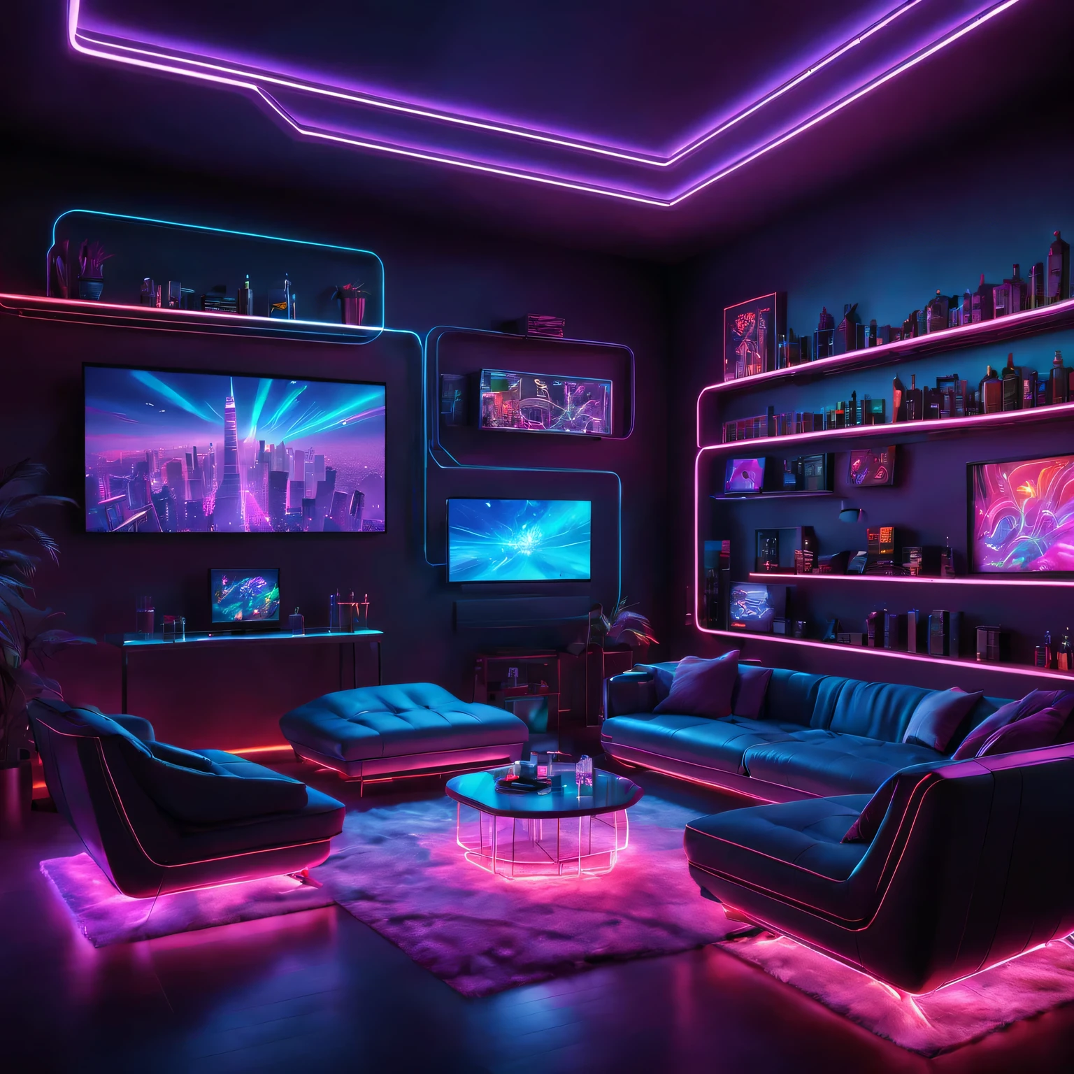 (best quality,4K,8k,high resolution,masterpiece:1.2),Super detailed,(actual,photoactual,photo-actual:1.37),illuminated by neon lights,Cyberpunk living room,Flashing neon lights,pouring down from the ceiling,Light up the room with vibrant colors,Mirror reflects neon light,Add a futuristic feel,shiny metal furniture, smooth and polished,Decorated with holographic pattern,Shimmering under the lights,Huge floor-to-ceiling windows,Overlooking the expansive cityscape,Painted in shades of purple and blue,Soaring skyscrapers,Hovering drones and futuristic vehicles fill the streets,Artificial intelligence assistant,Projected as hologram,Interact with the inhabitants of the room,Display digital information and control smart devices,The walls are decorated with augmented reality graffiti,Animated and constantly changing,depicts resistance to oppressive regimes,Comfortable seating arrangement,with plush cushions and illuminated by neon lights armrests,Wires and cables woven into artistic patterns,Subtle hints of technology and connectivity,State-of-the-art entertainment center,With wall-sized display,Showcasing immersive virtual reality worlds,Users can escape to a different reality,gaming console,The controller emits a soft neon light,Invite players to immerse themselves in a virtual adventure,Luxurious bar area,Shelves filled with futuristic bottles,Colorful cocktails are poured into glowing glasses,Android Bartender,Mix drinks perfectly with mechanical precision,Holographic fireplace,Casts a warm and inviting light,Create a cozy atmosphere in a stylish and futuristic environment,A blend of modern and retro elements,A fusion of nostalgia and cutting-edge technology,Perfect harmony,Taking the audience into a fascinating cyberpunk dreamland.