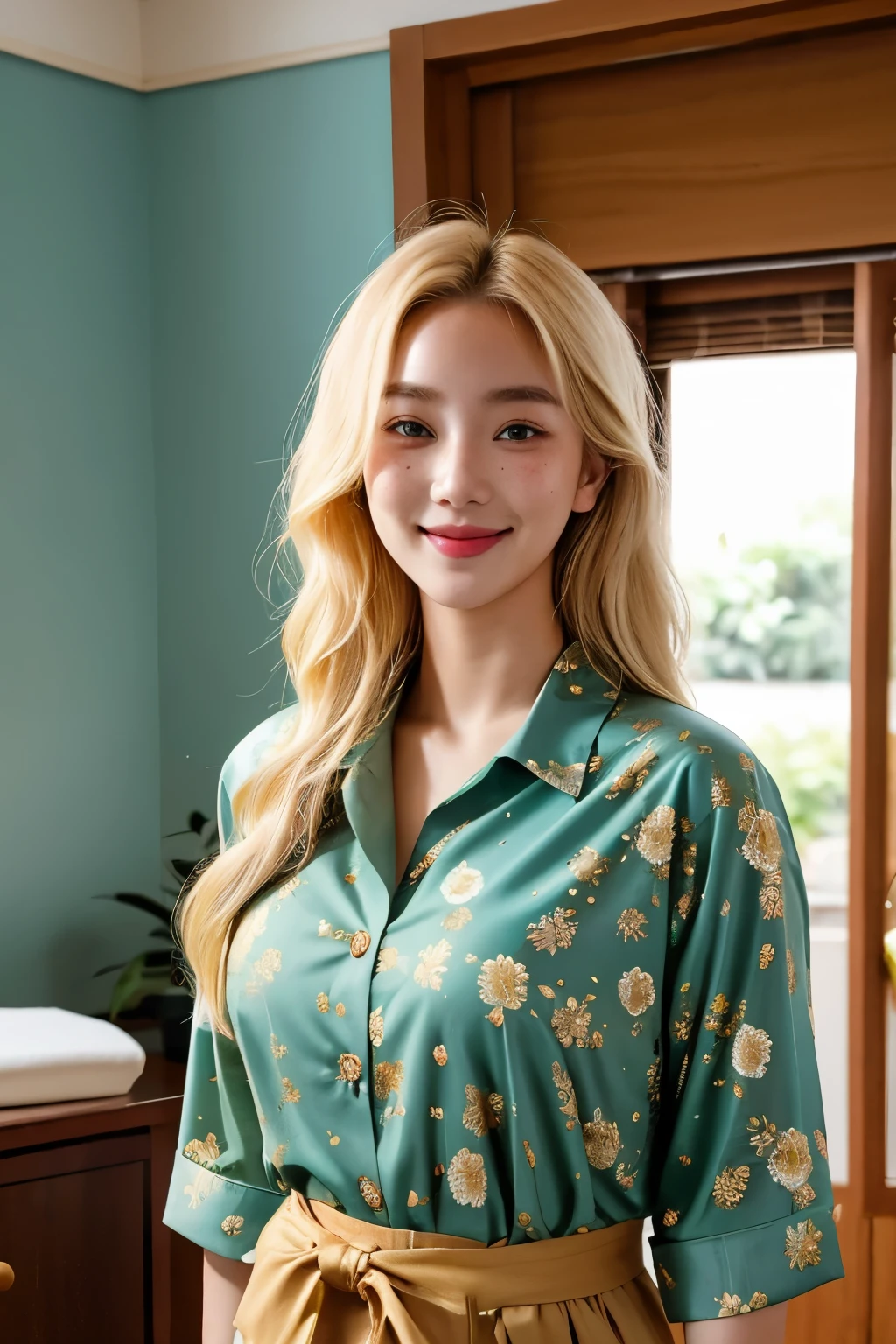 ultra realistic dark photo of 22 year old beautiful woman with blonde hair, hair roots slightly faded, Malaysian, influencer, light freckles, brown eyes, oversized teal green floral shirt, indoors, no makeup, looking at viewer, smiling, waist-up shot, Instagram
