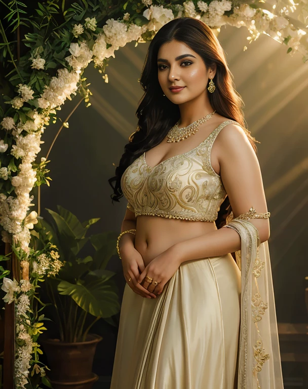 (masterpiece oil painting:1.3) of a (solo:1.3) ravishing sexy curvy chubby tall, Maryam nawaz as elegant bride, in a flower garden venue, wearing ethereal black lehenga and blouse, navel, with embroidered angel wings, lavish flower decorations, intricate henna tattoos,, (ravishing long wavy backlit hair), (enchanting daylight:1.2), (intricate kohl lined eyes:1.3), (adorable smile:1.3) soft dramatic lighting, flower everywhere, backlit, light rays, highly detailed, trending on artstation, paint splashes, rich colour, fantasy portrait, by atey ghailan & Annie Leibovitz
