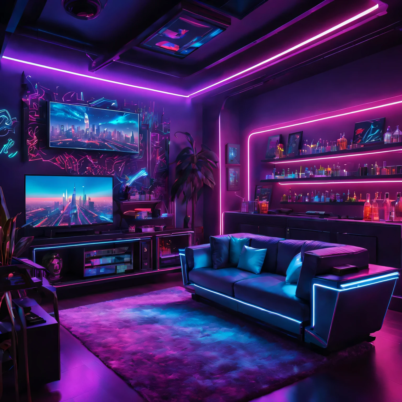 (best quality,4K,8k,high resolution,masterpiece:1.2),Super detailed,(actual,photoactual,photo-actual:1.37),illuminated by neon lights,Cyberpunk living room,Flashing neon lights,pouring down from the ceiling,Light up the room with vibrant colors,Mirror reflects neon light,Add a futuristic feel,shiny metal furniture, smooth and polished,Decorated with holographic pattern,Shimmering under the lights,Huge floor-to-ceiling windows,Overlooking the expansive cityscape,Painted in shades of purple and blue,Soaring skyscrapers,Hovering drones and futuristic vehicles fill the streets,Artificial intelligence assistant,Projected as hologram,Interact with the inhabitants of the room,Display digital information and control smart devices,The walls are decorated with augmented reality graffiti,Animated and constantly changing,depicts resistance to oppressive regimes,Comfortable seating arrangement,with plush cushions and illuminated by neon lights armrests,Wires and cables woven into artistic patterns,Subtle hints of technology and connectivity,State-of-the-art entertainment center,With wall-sized display,Showcasing immersive virtual reality worlds,Users can escape to a different reality,gaming console,The controller emits a soft neon light,Invite players to immerse themselves in a virtual adventure,Luxurious bar area,Shelves filled with futuristic bottles,Colorful cocktails are poured into glowing glasses,Android Bartender,Mix drinks perfectly with mechanical precision,Holographic fireplace,Casts a warm and inviting light,Create a cozy atmosphere in a stylish and futuristic environment,A blend of modern and retro elements,A fusion of nostalgia and cutting-edge technology,Perfect harmony,Taking the audience into a fascinating cyberpunk dreamland.
