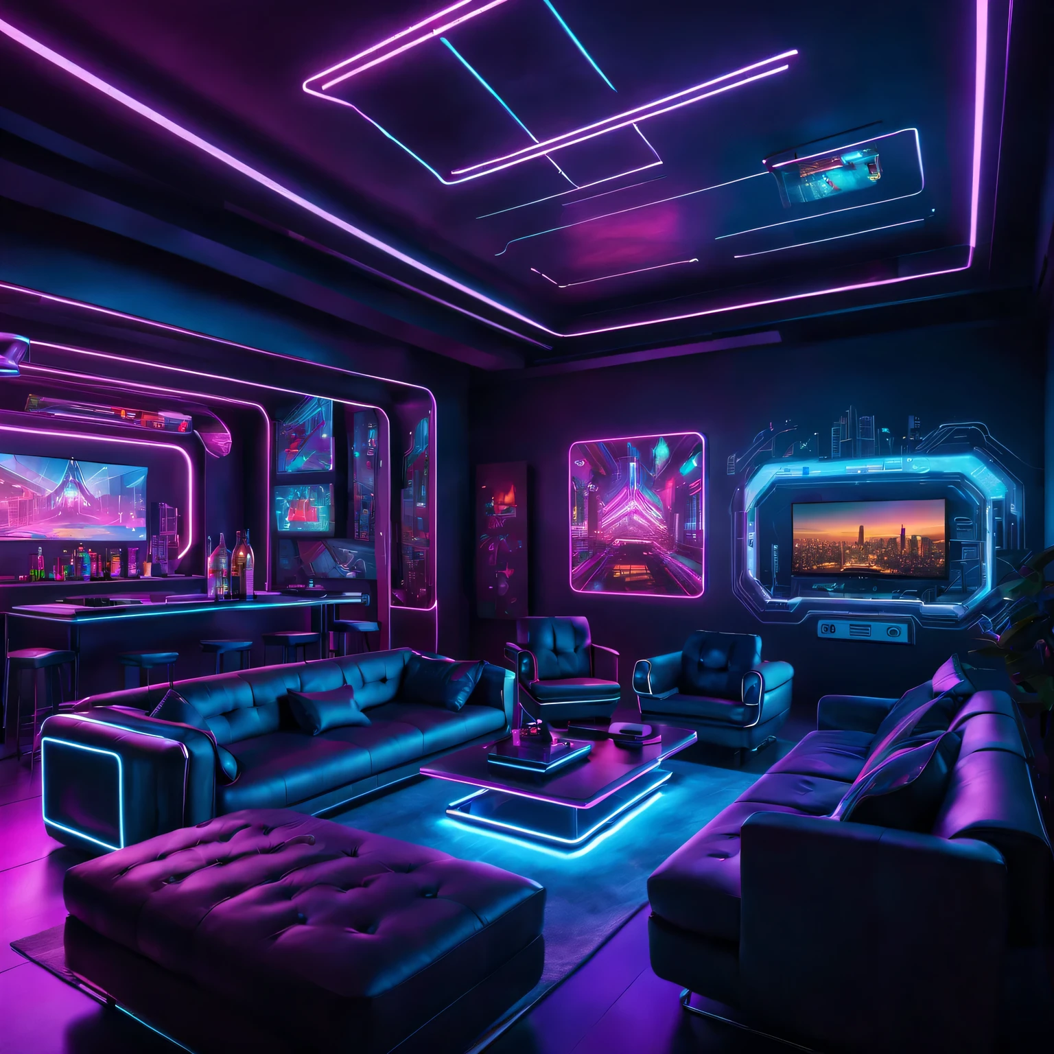 (best quality,4K,8k,high resolution,masterpiece:1.2),Super detailed,(actual,photoactual,photo-actual:1.37),illuminated by neon lights,Cyberpunk living room,Flashing neon lights,pouring down from the ceiling,Light up the room with vibrant colors,Mirror reflects neon light,Add a futuristic feel,shiny metal furniture, smooth and polished,Decorated with holographic pattern,Shimmering under the lights,Huge floor-to-ceiling windows,Overlooking the expansive cityscape,Painted in shades of purple and blue,Soaring skyscrapers,Hovering drones and futuristic vehicles fill the streets,Artificial intelligence assistant,Projected as hologram,Interact with the inhabitants of the room,Display digital information and control smart devices,The walls are decorated with augmented reality graffiti,Animated and constantly changing,depicts resistance to oppressive regimes,Comfortable seating arrangement,with plush cushions and illuminated by neon lights armrests,Wires and cables woven into artistic patterns,Subtle hints of technology and connectivity,State-of-the-art entertainment center,With wall-sized display,Showcasing immersive virtual reality worlds,Users can escape to a different reality,gaming console,The controller emits a soft neon light,Invite players to immerse themselves in a virtual adventure,Luxurious bar area,Shelves filled with futuristic bottles,Colorful cocktails are poured into glowing glasses,Android Bartender,Mix drinks perfectly with mechanical precision,Holographic fireplace,Casts a warm and inviting light,Create a cozy atmosphere in a stylish and futuristic environment,A blend of modern and retro elements,A fusion of nostalgia and cutting-edge technology,Perfect harmony,Taking the audience into a fascinating cyberpunk dreamland.