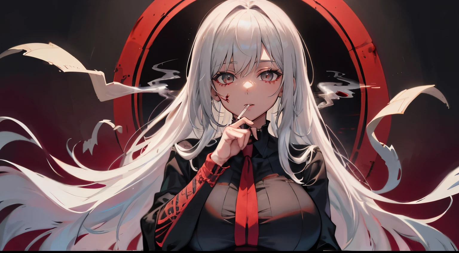 highest quality, masterpiece, big , (big breasts), fine skin texture, fine cloth texture, Super detailed, 8K, intricate details, 1 girl, eye for detail, Holding a cigarette, blood , Character half aside,Silver-haired beauty, long hair, character,alone,1 girl,
