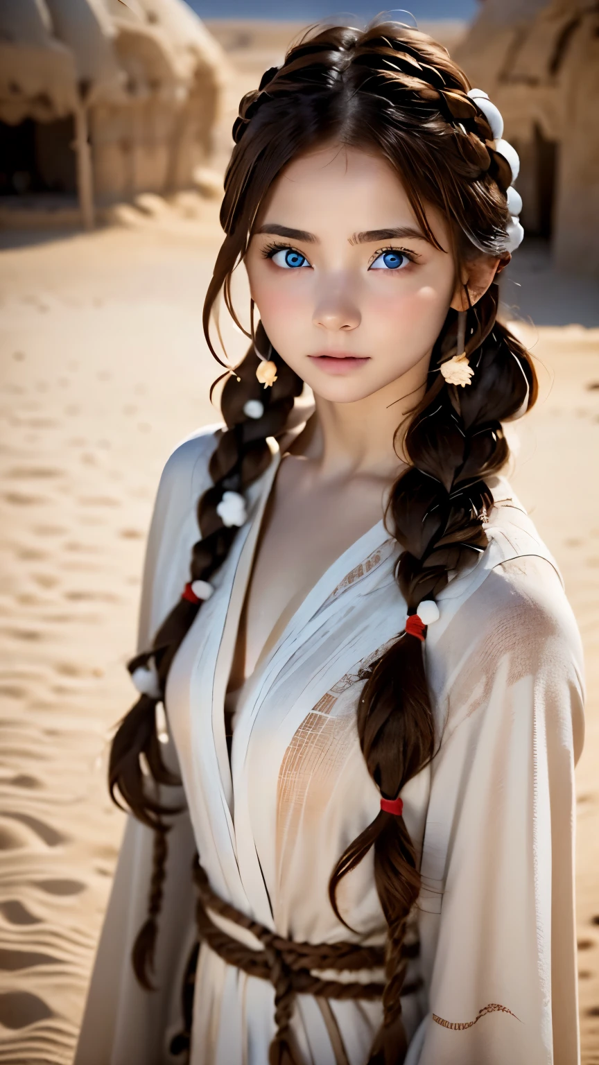 one woman、Perfect good looks、beautiful eyes、brown hair、french braid、snow-white skin、blue eyes、random facial expressions、full cover bedouin costume、Dark red tunic、desert、Dense skin and texture、Dystopia、blurred background、