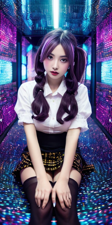 (disorganized, High resolution, Super detailed), (1 girl:1.3), twin tails, purple hair, break , glitch art, digital distortion, pixelated fragment, Data corruption, colorful noise, visual chaos, contemporary aesthetics break , enamel art, glass-like surface, Bright colors, Glossy finish, OL、Beauty secretary、business woman、Office、big eyes、Glassy eyes、Viewer's perspective、Enchantment、glossy、black pantyhose、BLACK stocking、long stretched legs、beautiful feet、big bust、upturned bust、white shirt、skirt、ミニskirt