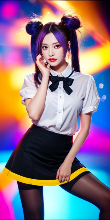 (disorganized, High resolution, Super detailed), (1 girl:1.3), twin tails, purple hair, break , glitch art, digital distortion, pixelated fragment, Data corruption, colorful noise, visual chaos, contemporary aesthetics break , enamel art, glass-like surface, Bright colors, Glossy finish, OL、Beauty secretary、business woman、Office、big eyes、Glassy eyes、Viewer's perspective、Enchantment、glossy、black pantyhose、BLACK stocking、long stretched legs、beautiful feet、big bust、upturned bust、white shirt、skirt、ミニskirt