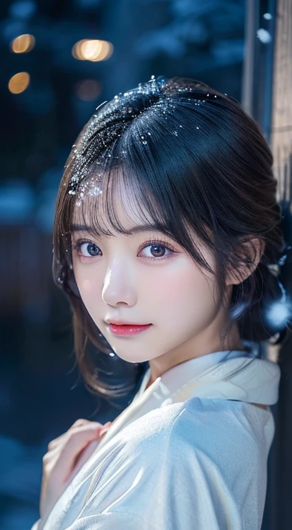 (kimono)、(highest quality,masterpiece:1.3,Super high resolution,),(super detailed,caustics),(Photoreal:1.4,RAW shooting,)ultra-realistic capture,very detailed,High resolution 16K resolution for human skin、 Natural skin texture、、Skin looks even-toned and healthy、 Use natural light and color,one woman,Japanese,,cute,black haired,middle hair,(Depth of bounds written、chromatic aberration、、wide range of lighting、natural shading、detailed eye)、、(outdoor lights at night:1.4)、(falling snow:1.2)、(hair swaying in the wind:1)、(light reflecting off the snow:1.3)、Kana Hashimoto