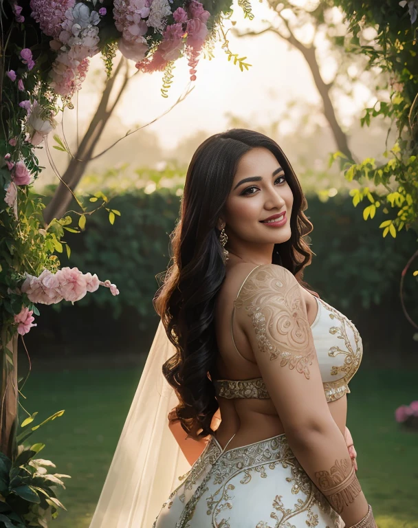 (masterpiece oil painting:1.3) of a (solo:1.3) ravishing sexy curvy chubby tall supermodel Suhana khan as elegant bride, in a flower garden venue, wearing ethereal bikini, Big breast almost D Plus navel, with embroidered angel wings, lavish flower decorations, intricate henna tattoos,, (ravishing long wavy backlit hair), (enchanting daylight:1.2), (intricate kohl lined eyes:1.3), (adorable smile:1.3) soft dramatic lighting, flower everywhere, backlit, light rays, highly detailed, trending on artstation, paint splashes, rich colour, fantasy portrait, by atey ghailan & Annie Leibovitz
