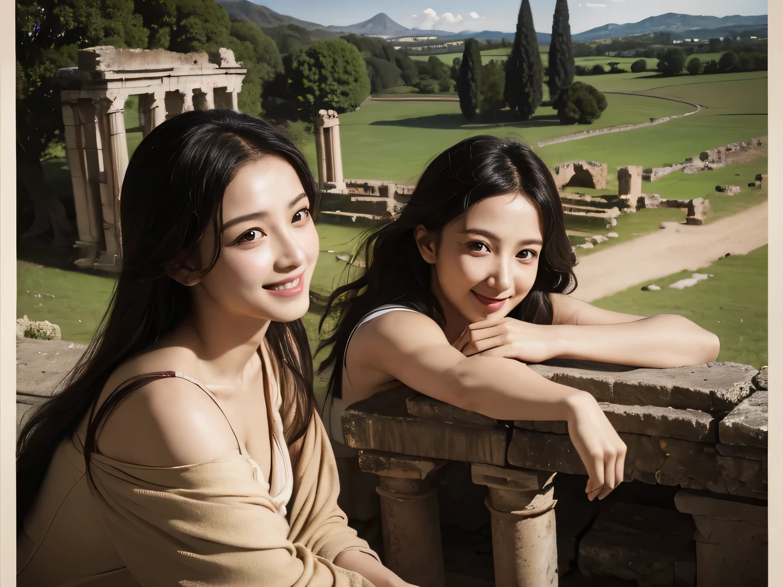 Ancient Roman ruins,landscape in the style of Poussin,A smile,,Sweet and seductive appearance.、Caravaggio's paintings、Chiaroscuro of Caravaggio、Hair disheveled in the wind,Two women frolicking,Cute smile, Expression of ecstasy,A sexy,erotic
