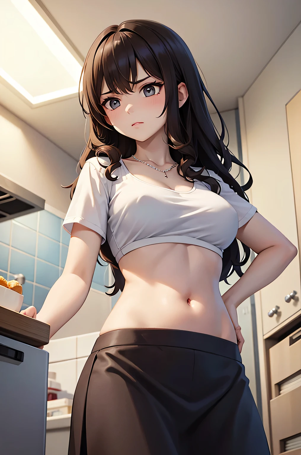 super fine illustration, vibrant colors, masterpiece, sharp focus, best quality, depth of field, cinematic lighting, ultra detailed, collarbone, t shirt, short sleeves, MILF, 1 woman, solo, midriff, tummy, belly button, large navel, kitchen, ceiling, close up, looking down, medium breasts, curly hair, long hair, low waist, skirt,  pearl necklace, makeup, dark brown hair, annoyed, from below
