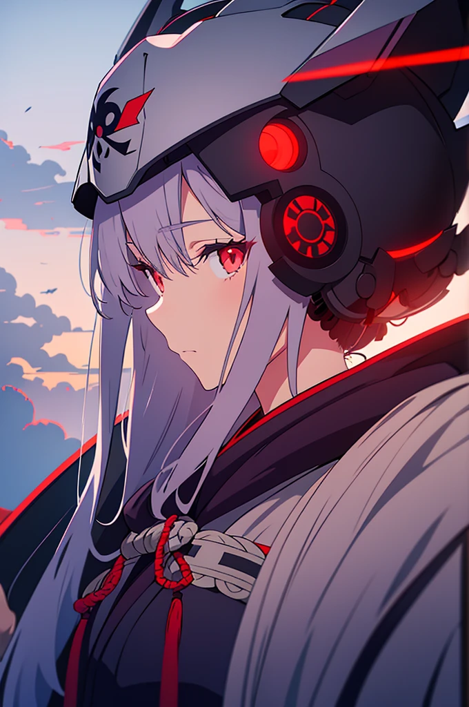 woman, grey kimono, purple clouds, long grey hair, red glowing eyes, samurai's helmet
