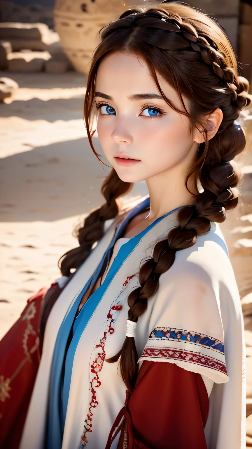 one woman、Perfect good looks、beautiful eyes、brown hair、french braid、snow-white skin、blue eyes、random facial expressions、full cover bedouin costume、Dark red tunic、desert、Dense skin and texture、Dystopia、blurred background、