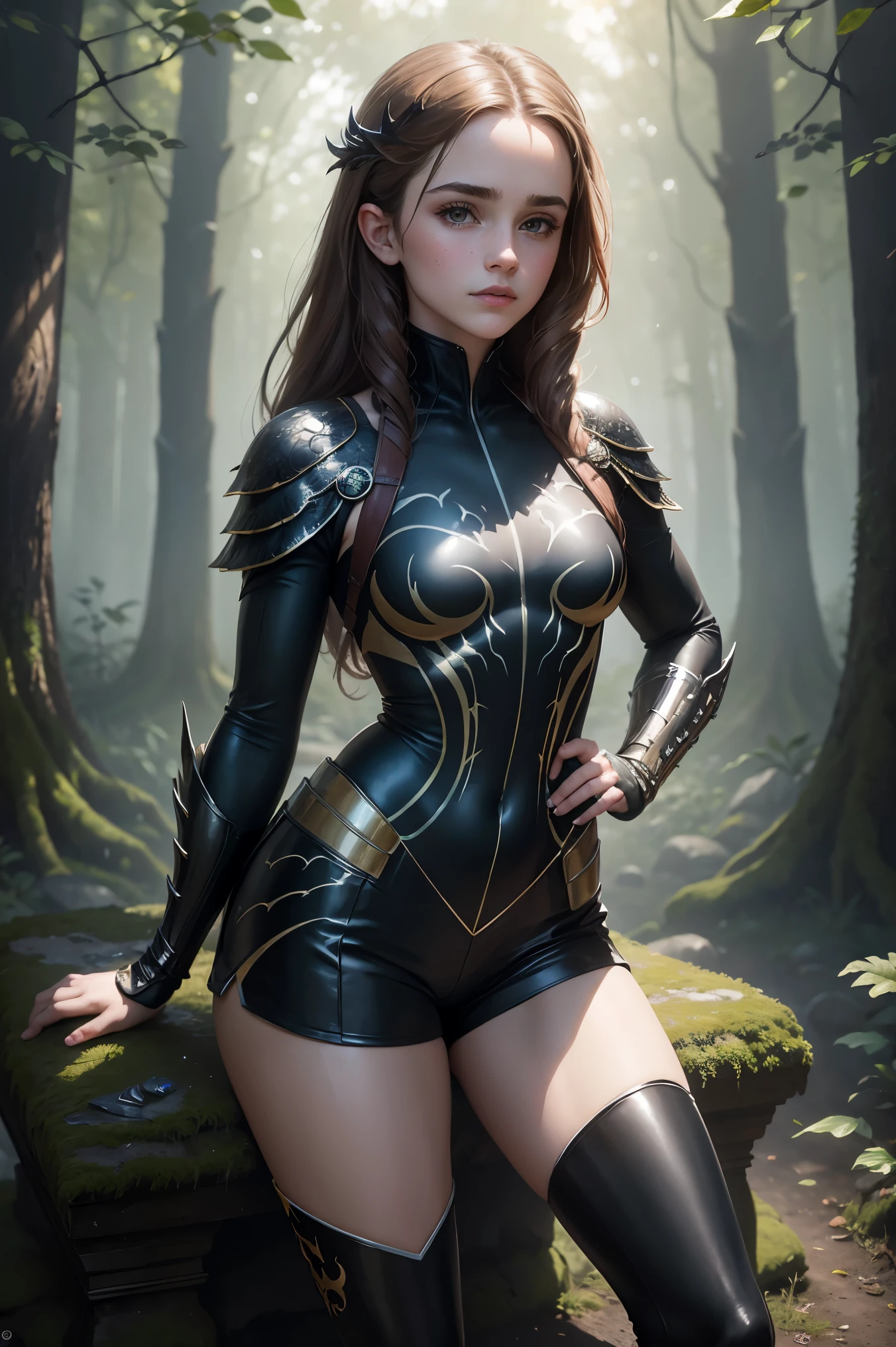 masterpiece. detailed oil painting of beautiful dressed as sexy Emma Watson. athletic. summer. summer heat. shorts for the summer.
she is wearing a Detailed symbiote Venom costume, boots. dim lit. walking through forest glade, light beams through tree leaves.