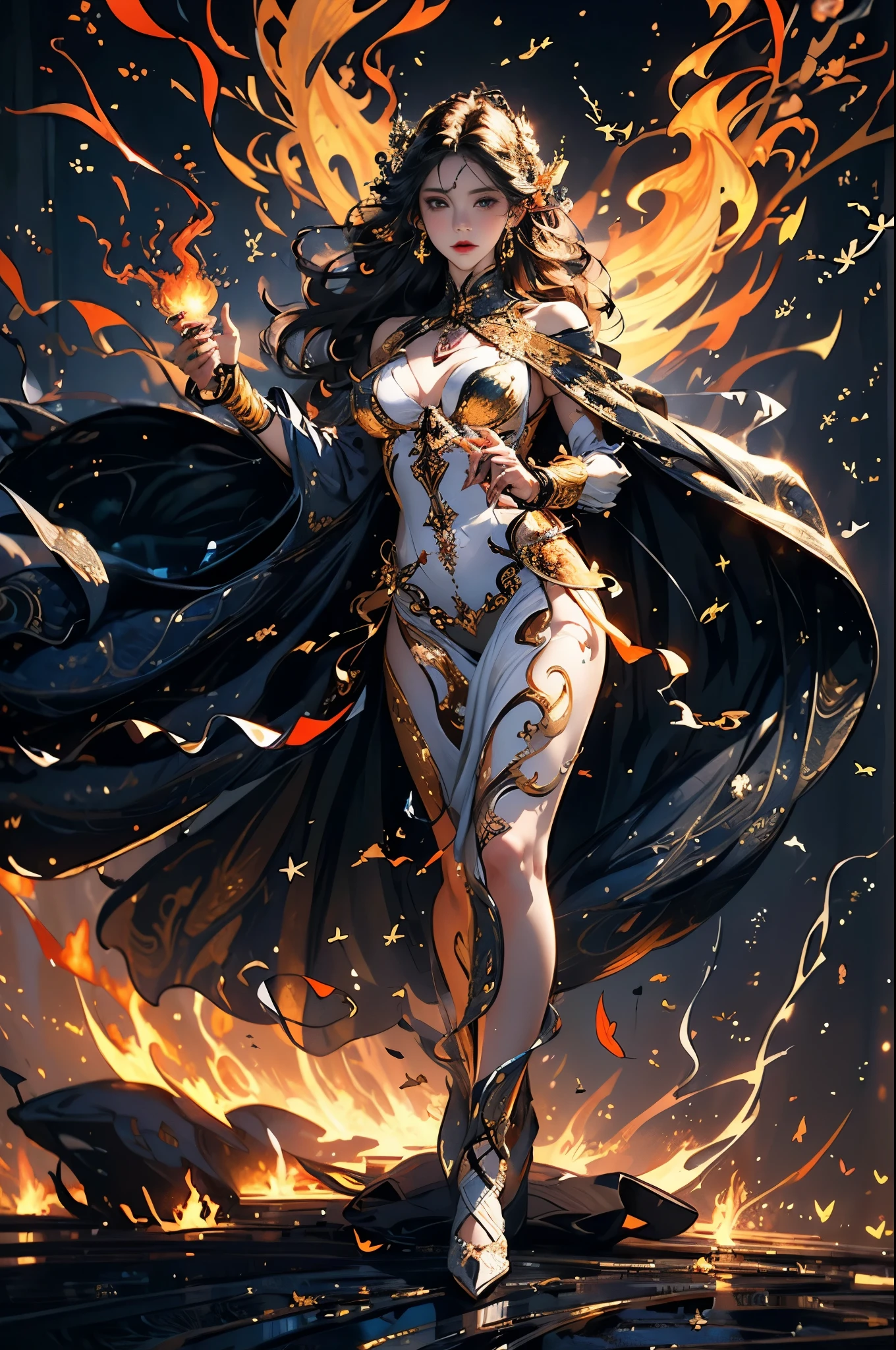 (masterpiece, (human development report:1.5), Beautiful and beautiful:1.2),Depicting the goddess of war，She is a great giant，she is a lovely princess，Also a powerful warrior，flame，lightning in sky，mountaintop foothills，mountains in the distance，(theelementoffire:1.4)，现实的flame，由theelementoffire组成，Highly realistic，correct anatomy，full-body shot，convex，cute big breasts，violent house，，Plum，longing unsatisfied，only genitalia， camel toe，Sexy gesture，，Sex huge breasts cleavage， onlyfoot，Sexy gesture，（wear：Transparent fireproof armor，only ，）1 female，30 years old，married woman，熟妇， solo，美丽delicate eyes，（Zentangle，mandala，tangled，entangled），Divine light，gold foil，gold foil艺术，Deep background，marvelous and unbelievable，epic work，(intricate details，Ultra-detailed:1.2)，Super real photos, scary, epic reality, faded, ((neutral color)),(pastel colors:1.2), Detailed face, delicate eyes，surreal, + lens + dynamic composition, Extremely detailed, sharpen, Normal, warm light, Light effect, dramatic light, (intricate details:1.1), complex background, (greg rutkovsky:0.8),