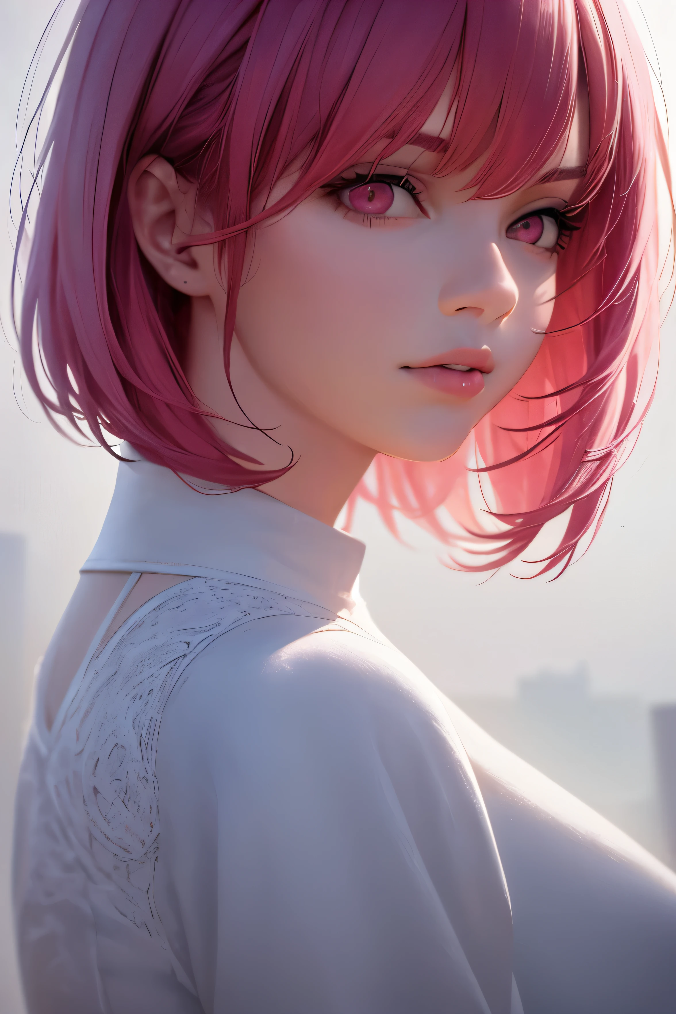1girl, ((best quality)), ((masterpiece)), ((realistic)), (detailed), (perfect face), pink hair, beauty hair, bob hairstyle, beautiful face, pink eyes, white long dress, elegant poses, dynamic angle, building background, portrait