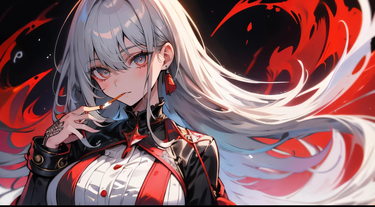 highest quality, masterpiece, big , (big breasts), fine skin texture, fine cloth texture, Super detailed, 8K, intricate details, 1 girl, eye for detail, Holding a cigarette, blood , Character half aside,Silver-haired beauty, long hair, character,alone,1 girl，