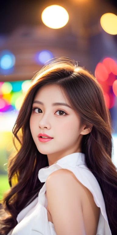 masterpiece, highest quality, masterpiece, Godlike quality, Godlike art, highly detailed face, whole body, very realistic, cute, young girl, Big eyes, long eyelashes, colorful hair, multicolored eyes, shiny skin, lip whole, big lips, shiny skin, blush, Nice views, in space, starry sky background, performer, dazzling light, Multicolored light, OL、carrier woman、cute、brown hair、long hair、Beautiful and beautiful、Korean beauty、Office