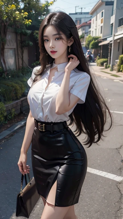 highest resolution, 8K, high definition, นักศึกษาthailand, woman, half-caste, thailand, Japan, Korea, Height 173 centimeters, ((stand)), (Beautiful face, แต่งBeautiful face, Double eyelids, red lips), (black hair, long hair long hairมาก, long hairตรง, long hair, flowing smoothly), (womanที่สวยงาม, The texture is realistic.), (white short sleeve shirt, collar shirt, thin, silver shirt buttons), (Huge breasts, Breast augmentation, เต้าBig tits, Big tits), (short black pencil skirt, Very short, Side incision, กระโปรงพร้อมbeltwoman, tight), (Symmetrical shape, sexy figure, small waist, Long legs, Beautiful thighs), (Pitch black high heels, earring, Put on a watch, metal chest brooch, belt), full body photo, Look at every part of the body., (university backdrop, building, lawn, outdoor sports field, garden)