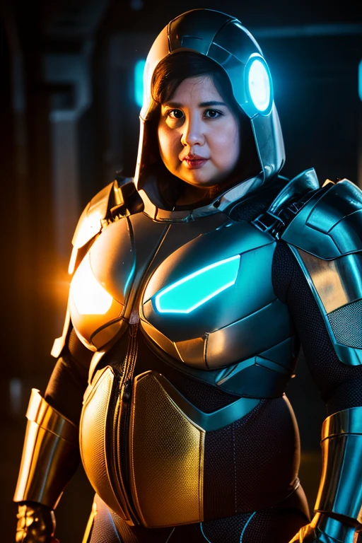 bright lighting, Bright colors, metallic texture, Detailed Armor,delicate head, intense gaze, Powerful poses, futuristic setting, high tech weapons, energetic movement, intense battle scene, dynamic composition, Science fiction atmosphere. (highest quality, High resolution, super detailed), (photorealistic, realistic:1.37), (HDR, UHD), (studio lighting), (Physically based rendering), (extreme details), (Professional), (portrait, Science fiction), (Colorful palette), (bright lighting), (futuristic atmosphere).(((fat woman with big breasts))),((((obese body type))))