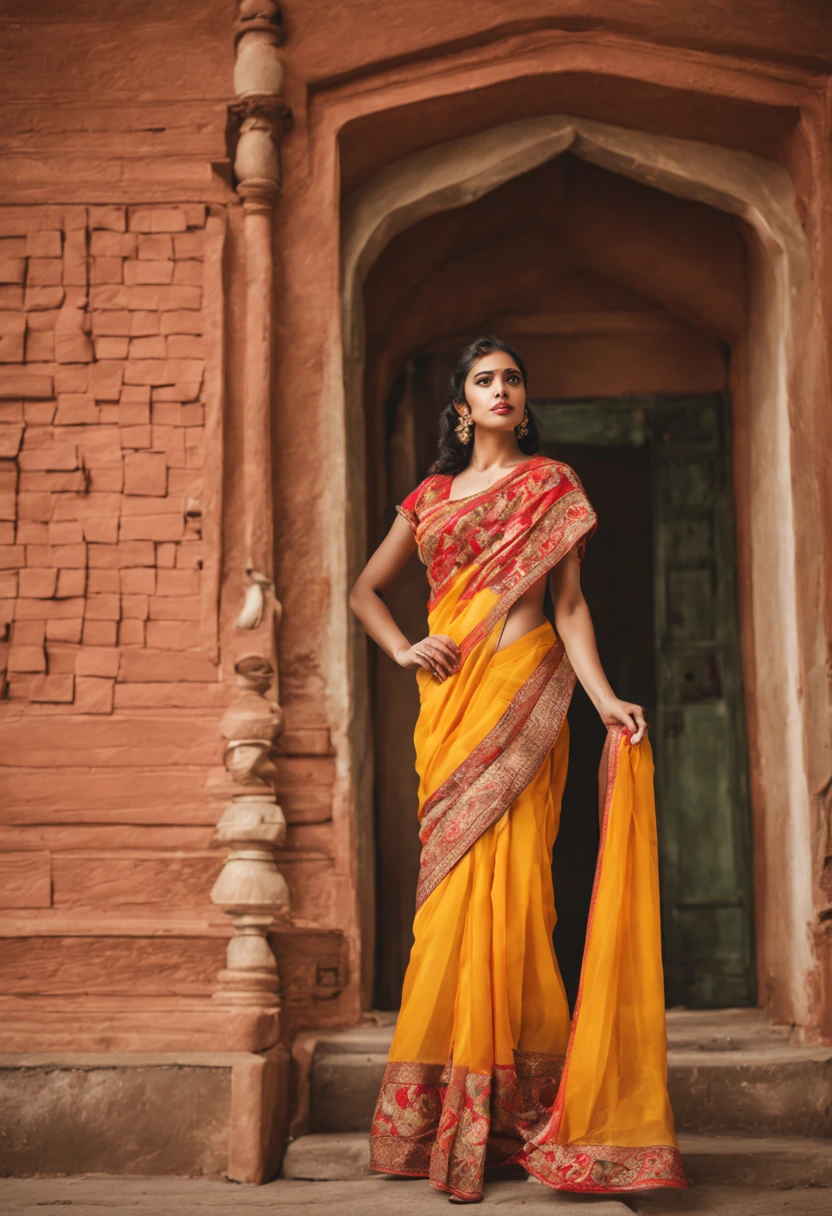 Beautiful Indian saree women with a big house