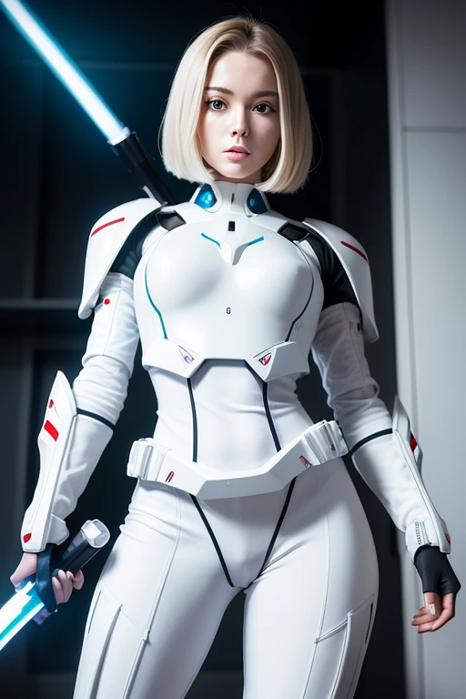 Woman in white suit holding sword, Mecha Iron White Futuristic Armor Clean Modern Simple Elegant, Porcelain Cyborg Armor, SF Women's Army、Holding a lightsaber in your hand