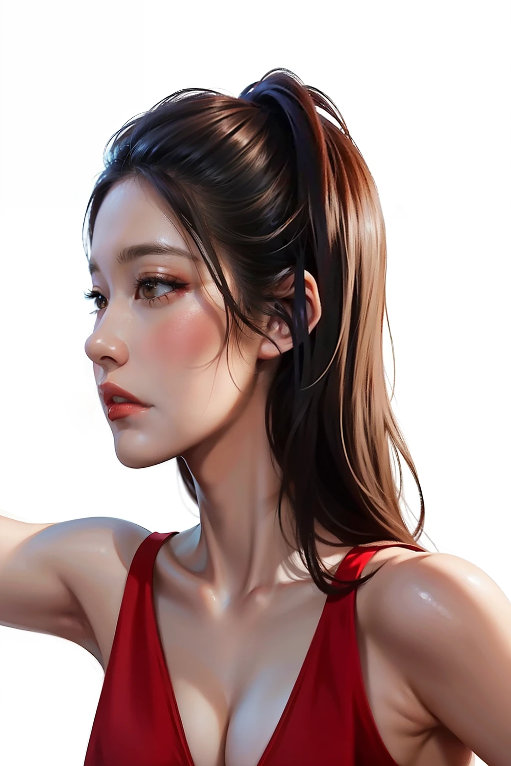 Close-up of woman in red dress holding cell phone, realistic. cheng yi, Made with Anime Painter Studio., Drawing in Anime Painter Studio, Inspired by Sim Sa Jung, Drawn in the style of artgerm., Picture of Tifa Lockhart, Digital Character Drawings, inspired by Kim Deuk-sin, digital anime illustration, digital illustration portrait