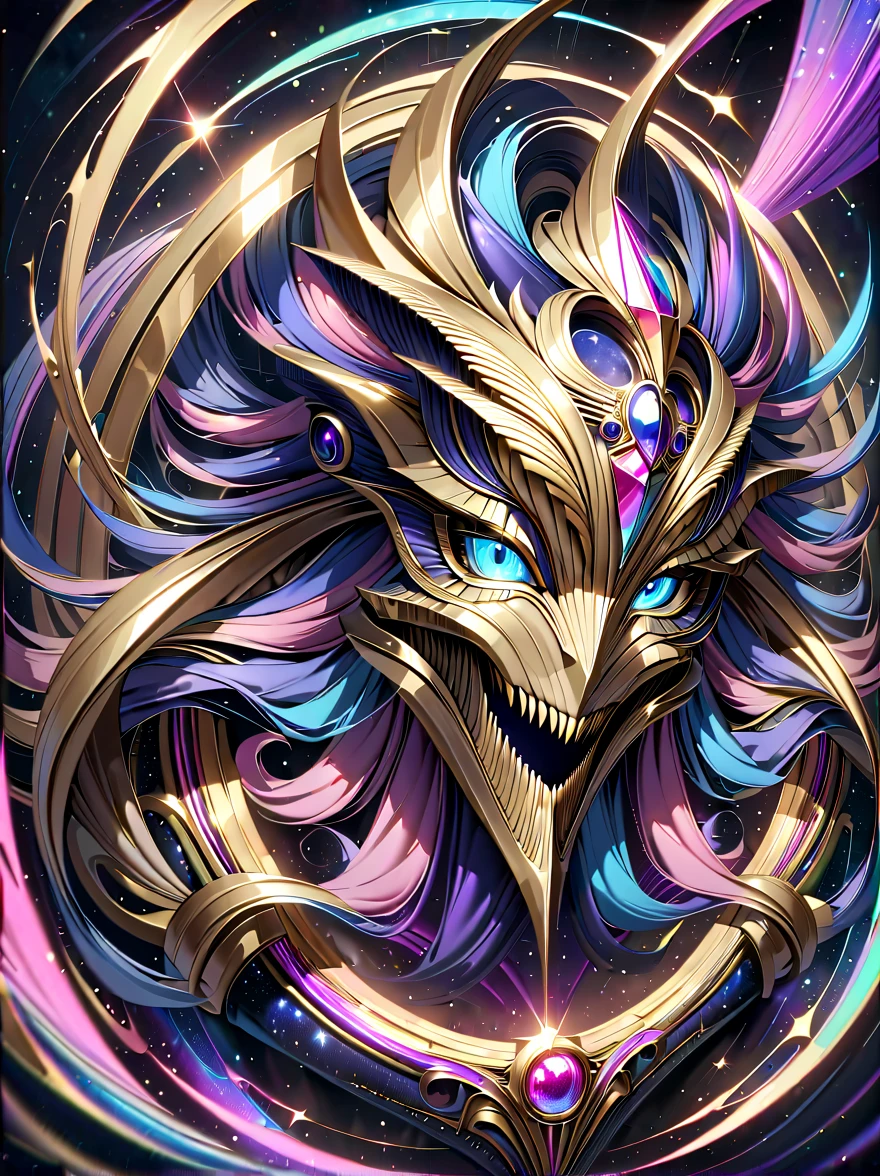 Art deco, space, vastness, ultra detailed, ultra real-istic, hyper realistic details, black, pink, yellow, matte gold and silver, neon indigo, deep blue, drapery, velvet, high polish, sinister, silver and chrome details, stripes, black background, Egyptian, bronze, 8k,