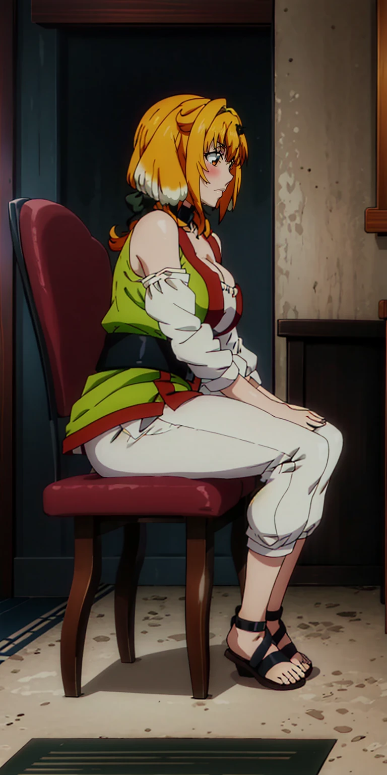 Roxxane from Isekai Meikyuu de Harem wo, full body, sitting on a chair straight