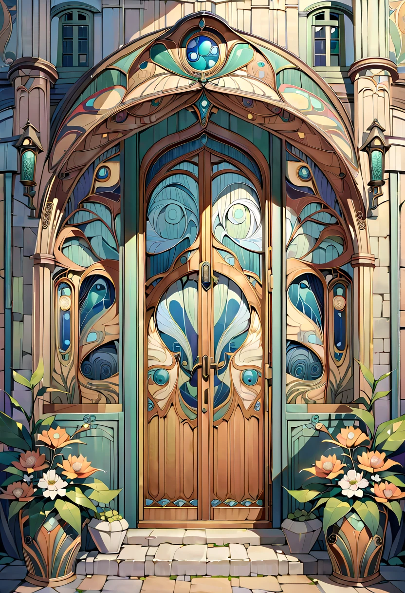 Create an image showcasing the exterior of a building adorned in Art Nouveau style. The building should exhibit characteristic features of Art Nouveau, including flowing, organic lines, floral and plant-like motifs, and elegant, curving forms. The facade should be ornate, with intricate details and a harmonious blend of architectural elements and decorative art. The building could have large, stylized windows and doors, along with decorative panels and sculptures that embody the natural, organic essence of Art Nouveau. The overall image should capture the artistic and aesthetic beauty of this architectural style.