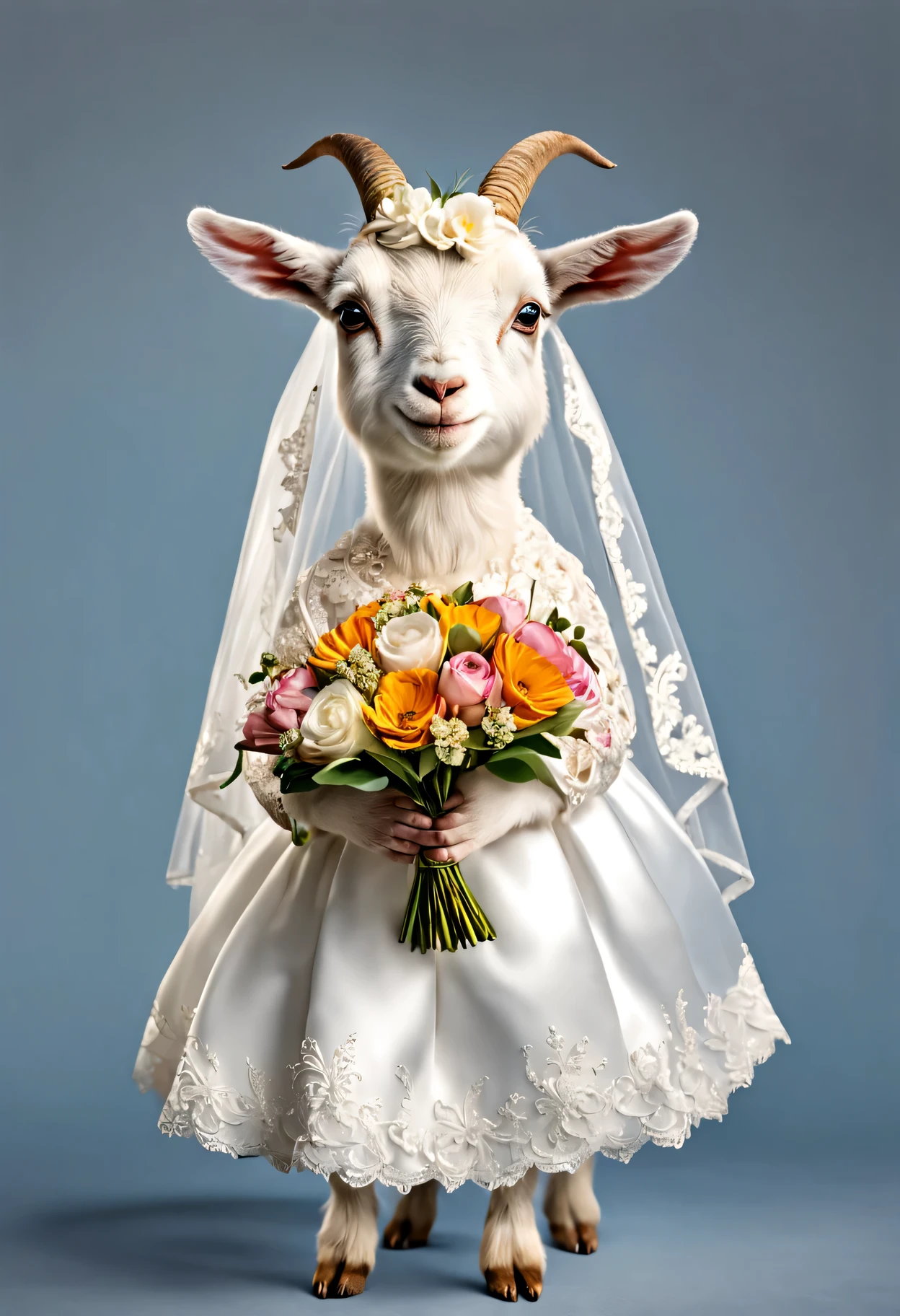 photorealistic portrait of Dressed animals - a fat baby goat,(elegant pose), high quality,(lovely) ,intricate details, highly detailed ((wedding dress)) ,wearing highly detailed veil ,holding flower bouquet, (happy), studio lighting,(full body image:1.5)