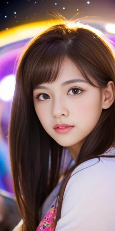 masterpiece, highest quality, masterpiece, Godlike quality, Godlike art, highly detailed face, whole body, very realistic, cute, young girl, Big eyes, long eyelashes, multicolored eyes, shiny skin, lip whole, big lips, shiny skin, blush, Nice views, in space, starry sky background, performer, dazzling light, Multicolored light, OL、carrier woman、cute、brown hair、long hair、Beautiful and beautiful、Korean beauty、Office、sitting tomorrow