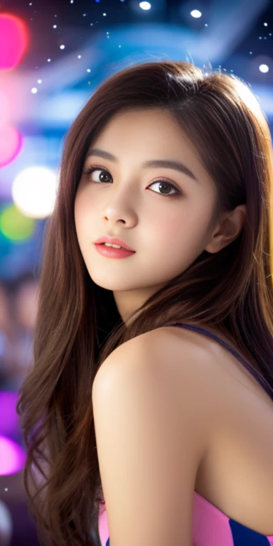 masterpiece, highest quality, masterpiece, Godlike quality, Godlike art, highly detailed face, whole body, very realistic, cute, young girl, Big eyes, long eyelashes, multicolored eyes, shiny skin, lip whole, big lips, shiny skin, blush, Nice views, in space, starry sky background, performer, dazzling light, Multicolored light, OL、carrier woman、cute、brown hair、long hair、Beautiful and beautiful、Korean beauty、Office、sitting tomorrow