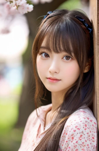 highest quality, soft light, ultra high resolution, RAW photo, 1 japanese girl, alone, cute, (pupil, light in the eyes), detailed beautiful face, (small box),(High resolution details of human skin texture), (long hair), outdoor, Damask Shirt Dress, (portrait),cherry blossoms
