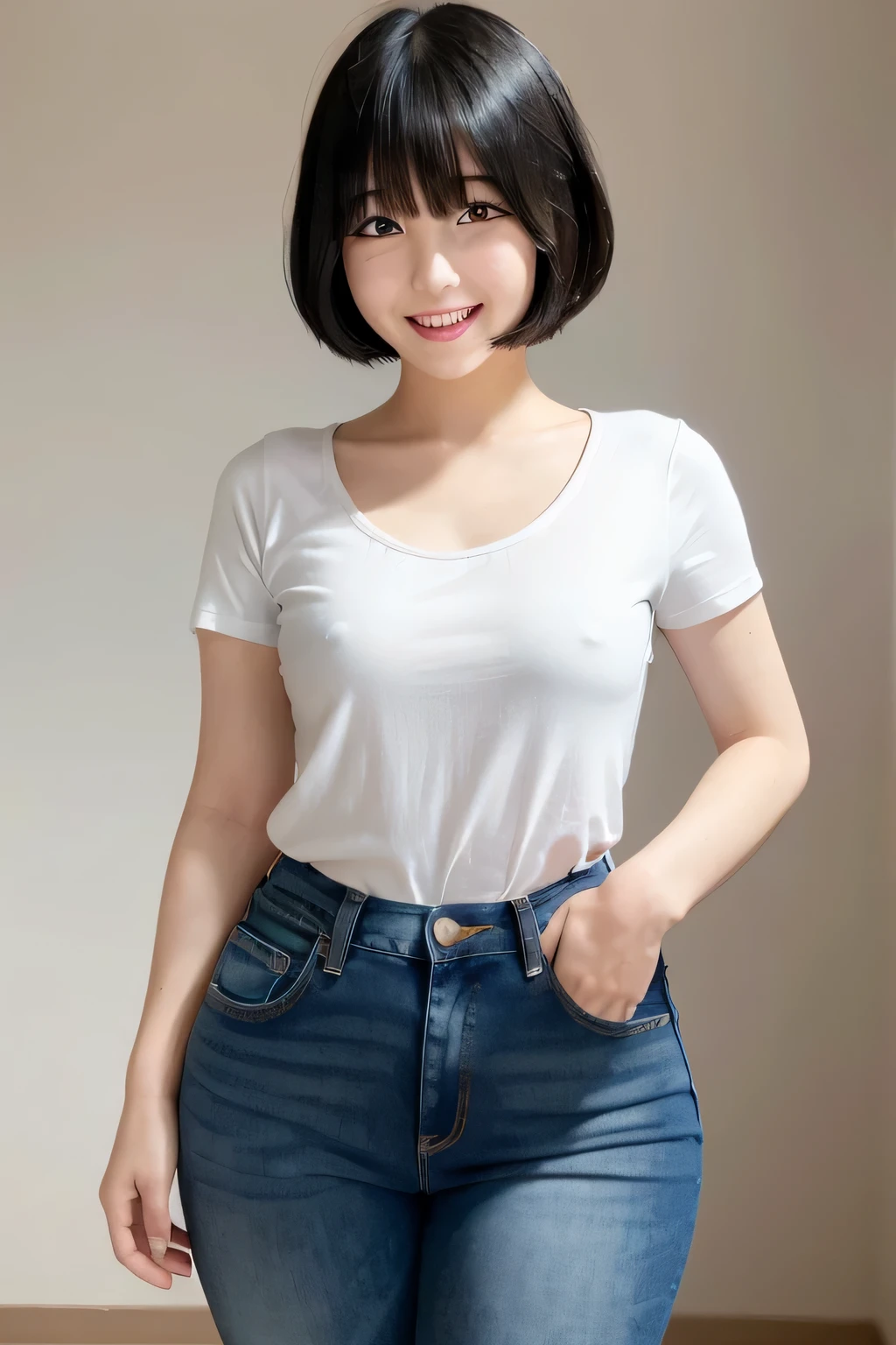 realistic, princess cutの髪型, princess cut, (narrow eyes:1.3), (black eye), (japanese woman), 1 girl, (small eyes:1.3),  girl, beautiful breasts:1.5,short hair, (highly detailed eyes:1.2), (beautiful breasts:1.1), bangs, (thick legs, huge hips, thick thighs), Fair skin, tight waist, big breasts, (laughter:1.3) (White Round Neck T-Shirt, blue jeans:1.2)