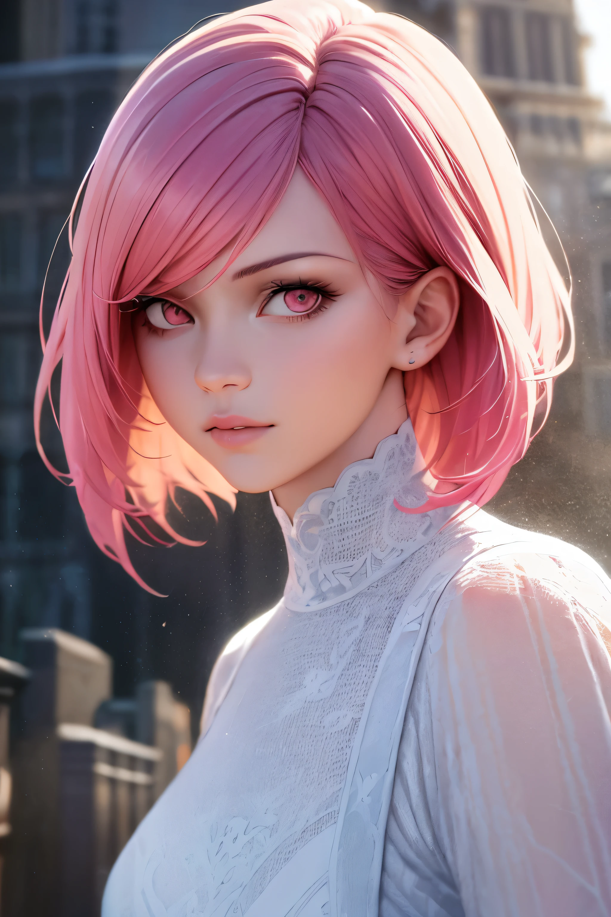 1girl, ((best quality)), ((masterpiece)), ((realistic)), (detailed), (perfect face), pink hair, beauty hair, bob hairstyle, beautiful face, pink eyes, white long dress, elegant poses, dynamic angle, building background, portrait