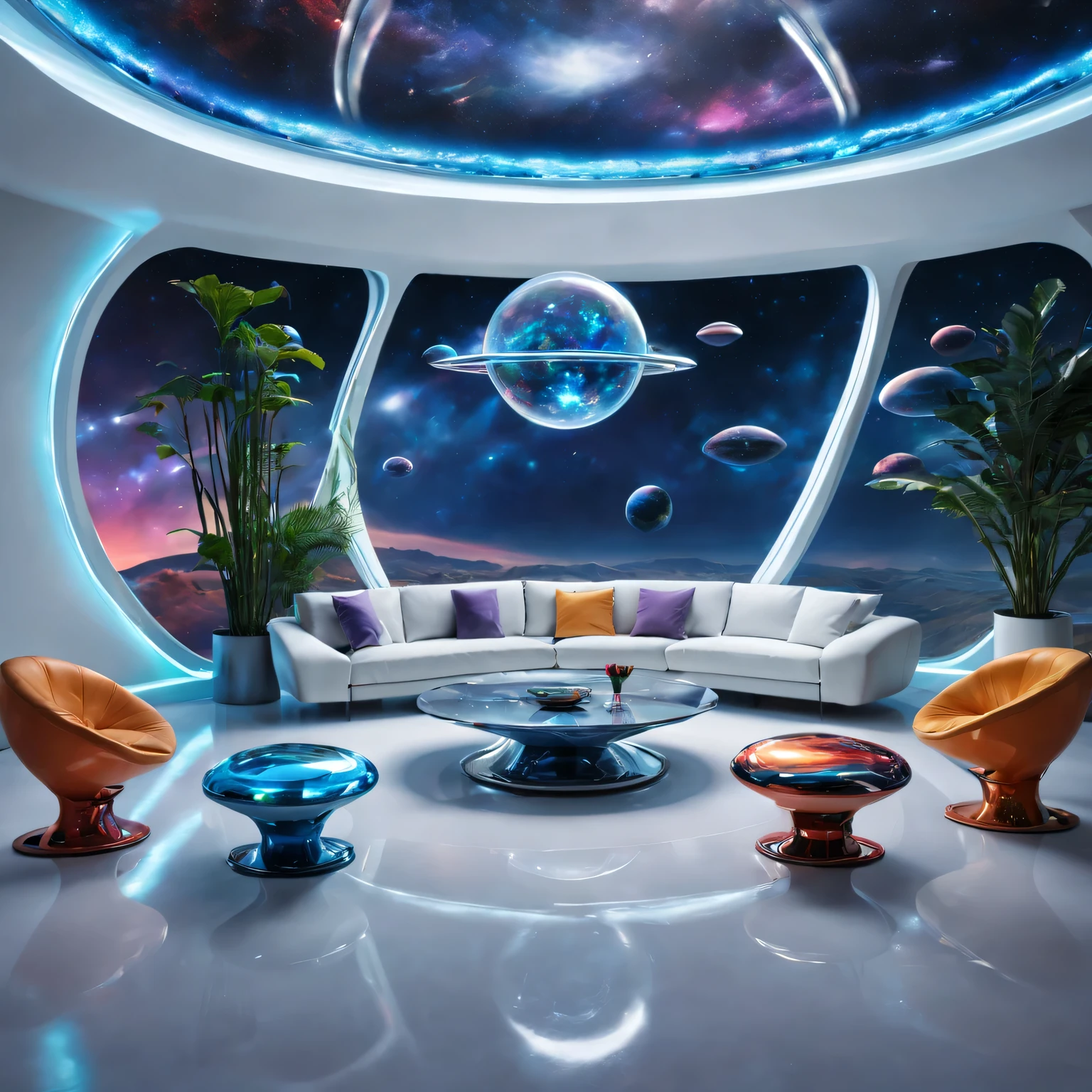 (living room,alien theme,exotic plants,Modern décor,futuristic furniture,colorful lights,High-tech products,cosmic wall art,astral view,crystal clear windows,hover object,organic shapes,metal surfaces,otherworldly atmosphere)